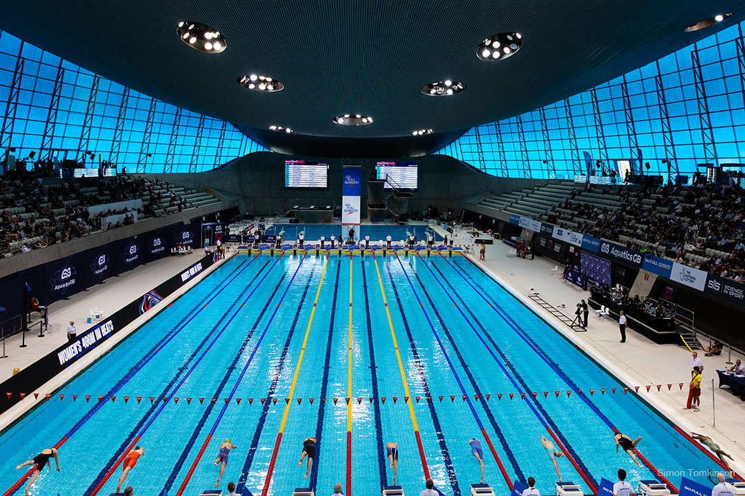 Swimmers at the London Aquatics Centre, Queen Elizabeth Olympic Park. Aquatics GB Swimming Championships 2025. Movement photographer Simon Tomkinson.