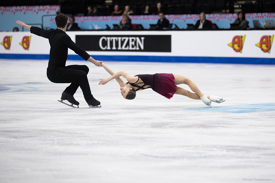 European Figure Skating Championships 2026. Pairs free skating. European Figure Skating Championships 2026. Pairs free skating - Ioulia Chtchetinina and Michal Wozniak, Poland. By movement photographer Simon Tomkinson. ISU competition at Sheffield, UK.