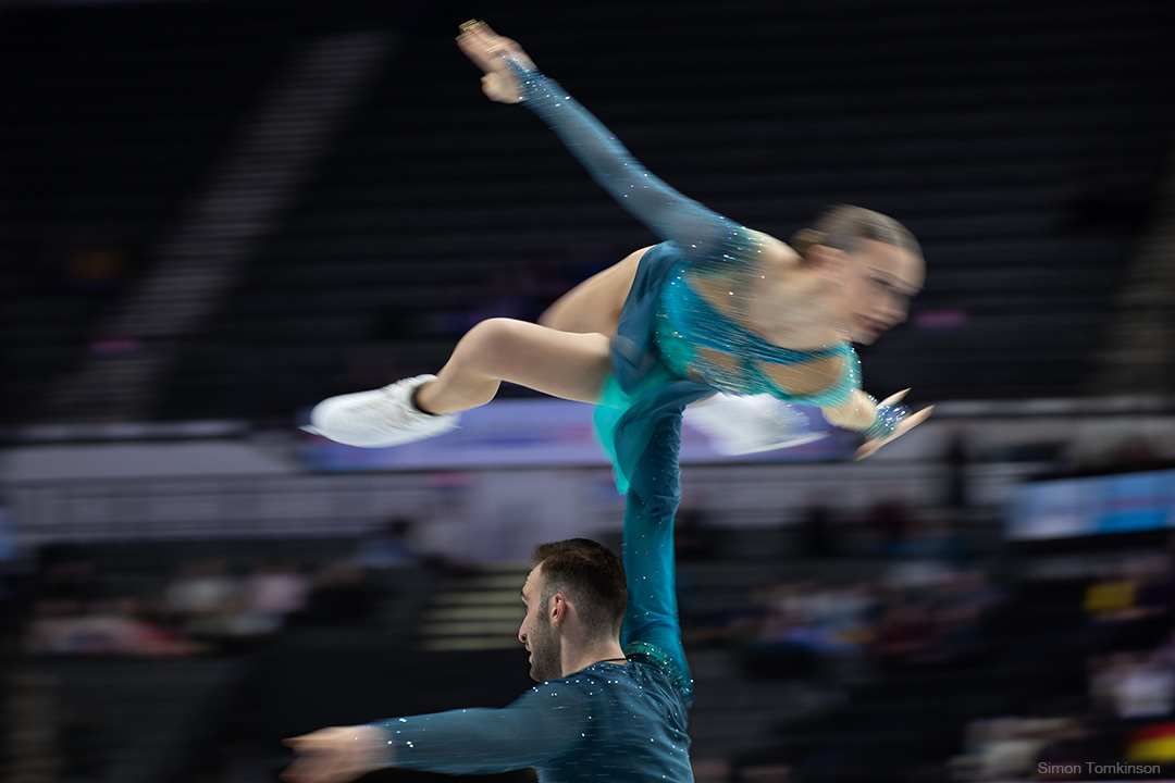 European Figure Skating Championships 2026. Pairs free skating. European Figure Skating Championships 2026. Pairs free skating - Anastasiia Metelkina and Luka Berulava, Georgia. By movement photographer Simon Tomkinson. ISU competition at Sheffield, UK.
