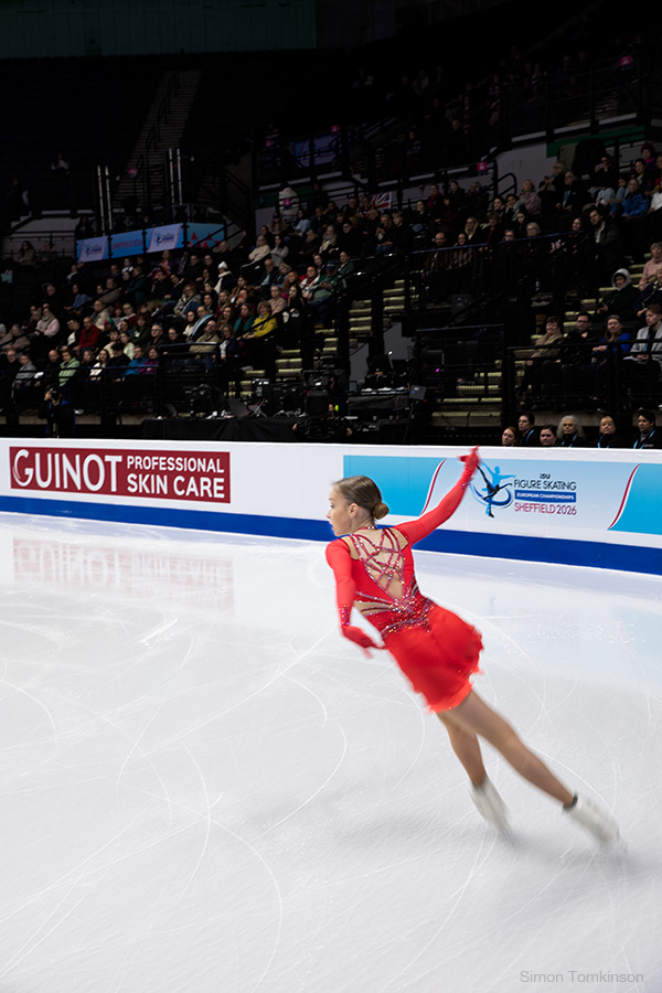 European Figure Skating Championships 2026. Women Free Skating. European Figure Skating Championships 2026. Women Free Skating - Mariia Seniuk, Israel. By movement photographer Simon Tomkinson. ISU competition at Sheffield, UK.