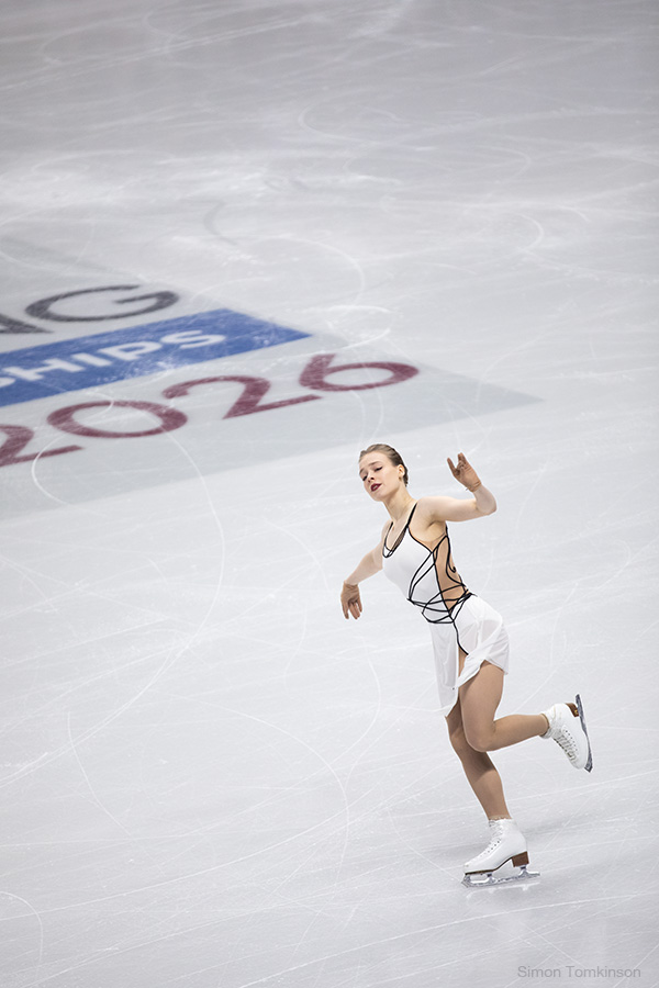 European Figure Skating Championships 2026. Women Free Skating. European Figure Skating Championships 2026. Women Free Skating - Anastasiia Gubanova, Georgia. By movement photographer Simon Tomkinson. ISU competition at Sheffield, UK.
