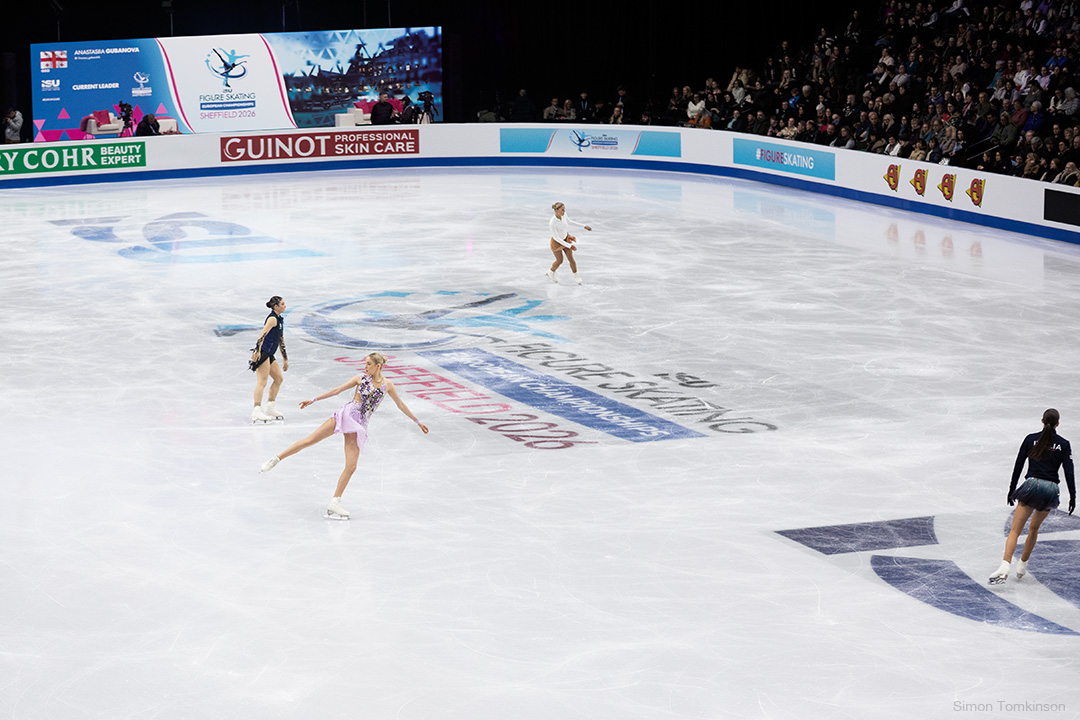 European Figure Skating Championships 2026. Women Free Skating. European Figure Skating Championships 2026. Women Free Skating - Warm up group 4. By movement photographer Simon Tomkinson. ISU competition at Sheffield, UK.